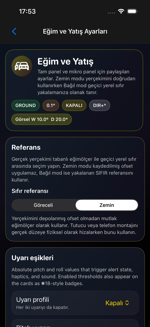 Eğim ve yatış ayarlar ekranı