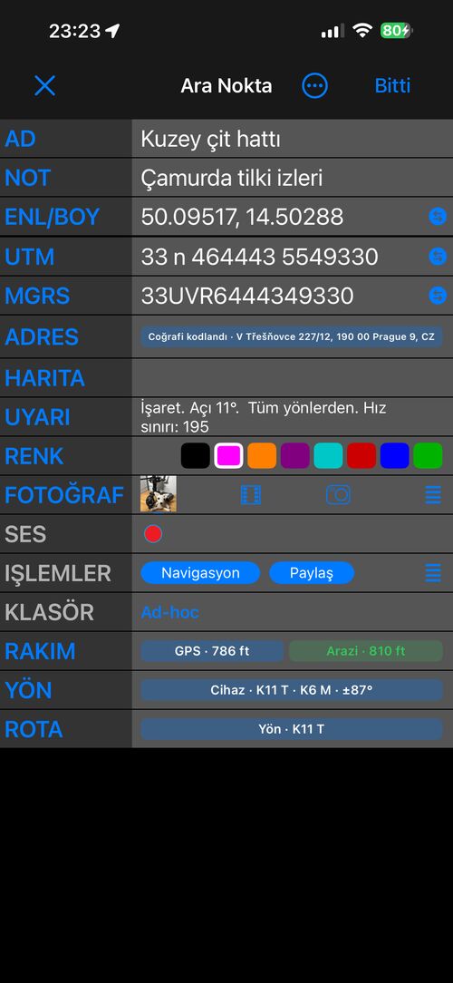 Ara Nokta düzenleyici Gelişmiş görünümde, listenin sonunda Yükseklik, Yön ve Rota ile