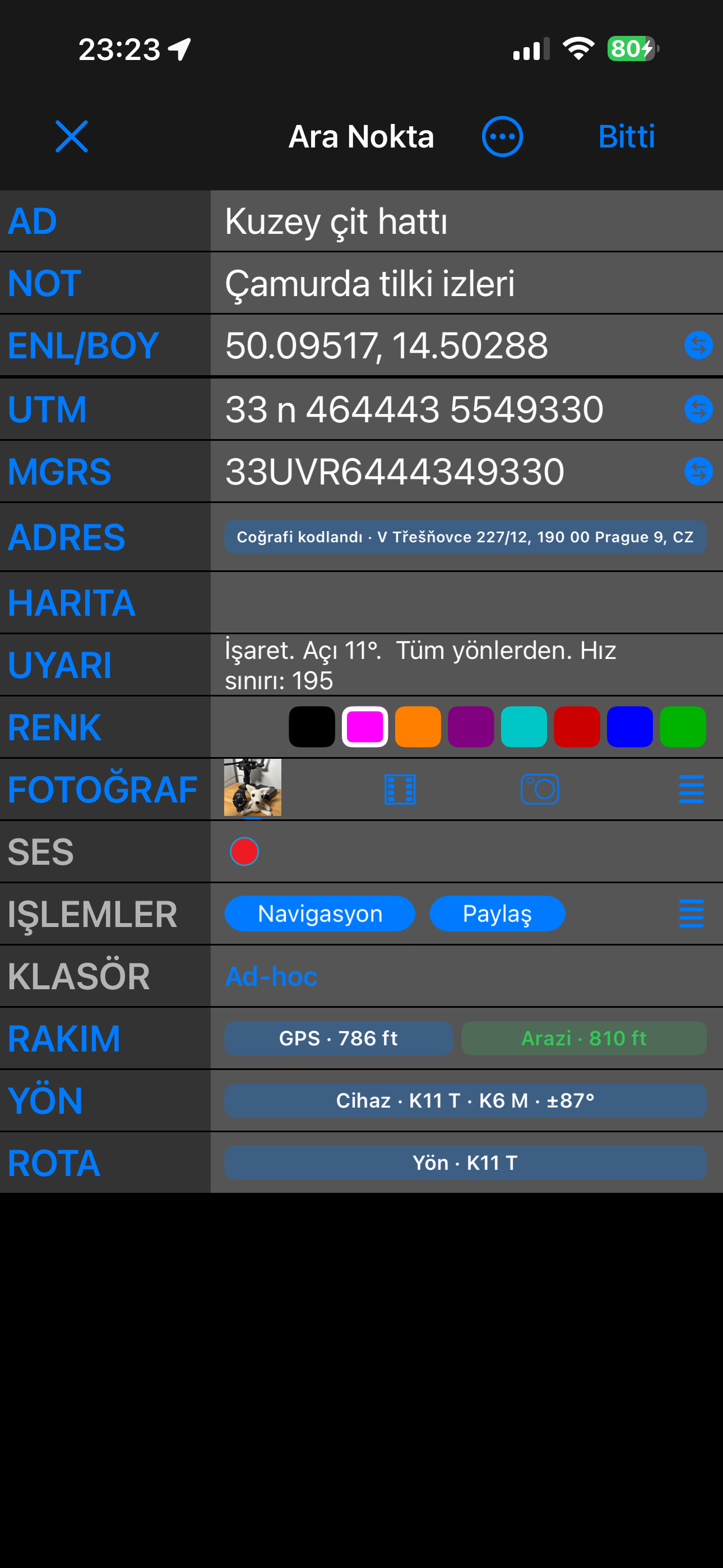 Ara Nokta düzenleyici Gelişmiş görünümde, listenin sonunda Yükseklik, Yön ve Rota ile