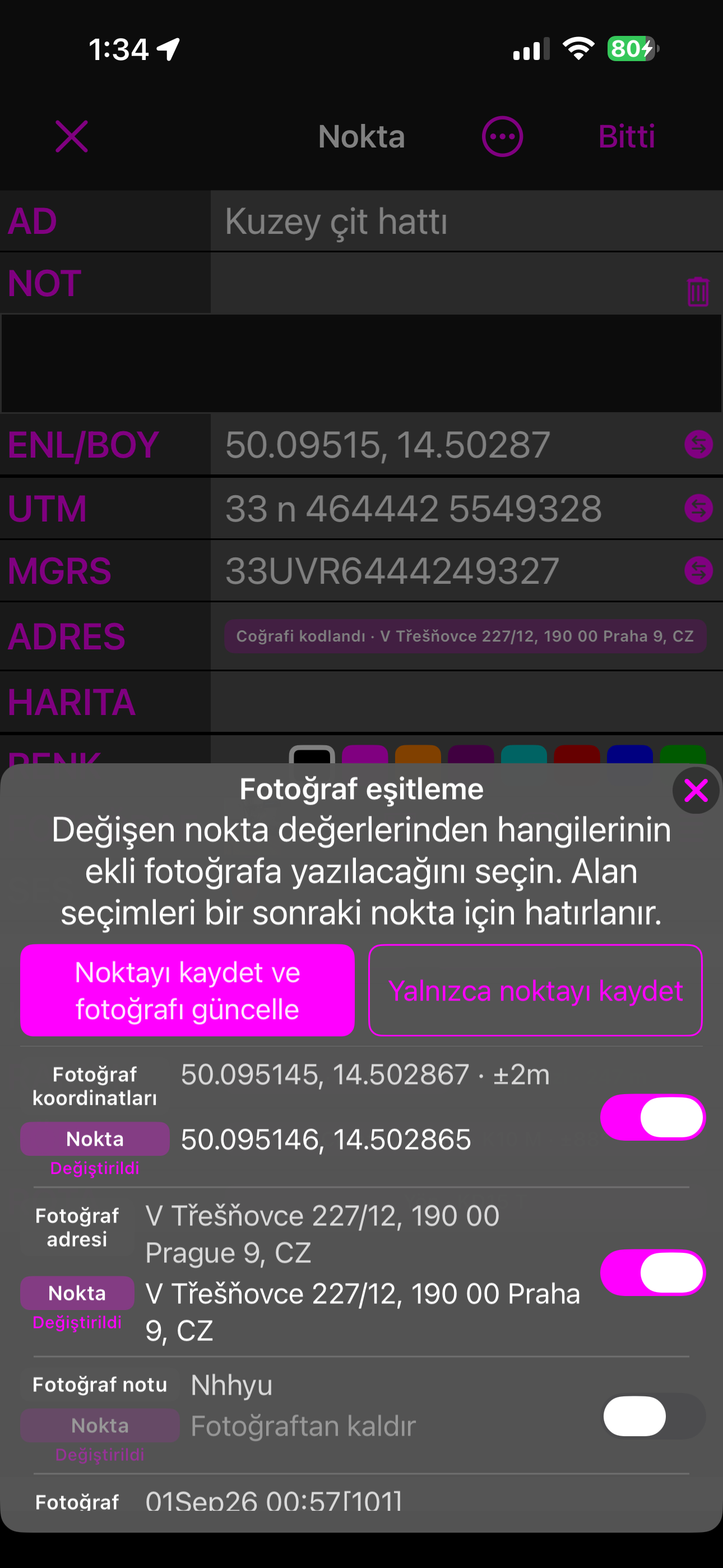 Kaydederken çıkan Fotoğraf eşitleme sayfası: Ara Noktayı kaydet ve fotoğrafı güncelle, Yalnızca ara noktayı kaydet ve her alan için bir satır — üstte fotoğrafın değeri, altında ara noktanınki, her birinde bir anahtar