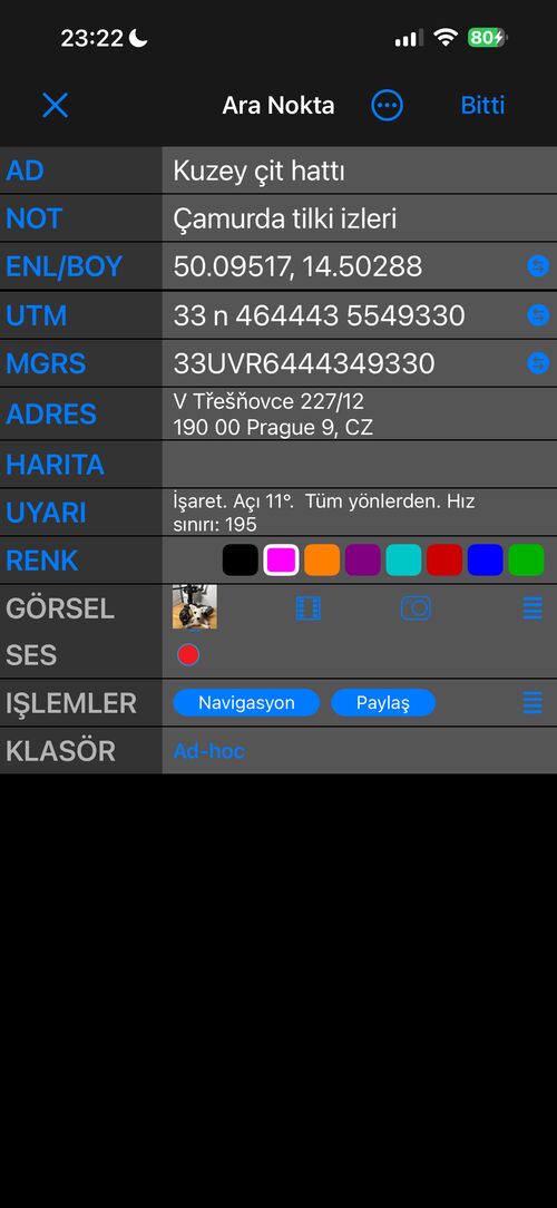 Ara Nokta düzenleyici Basit görünümde: AD, NOT, ENL/BOY, UTM, MGRS, ADRES, HARITA, RENK, GÖRSEL, SES, İŞLEMLER ve KLASÖR — her biri bir satır