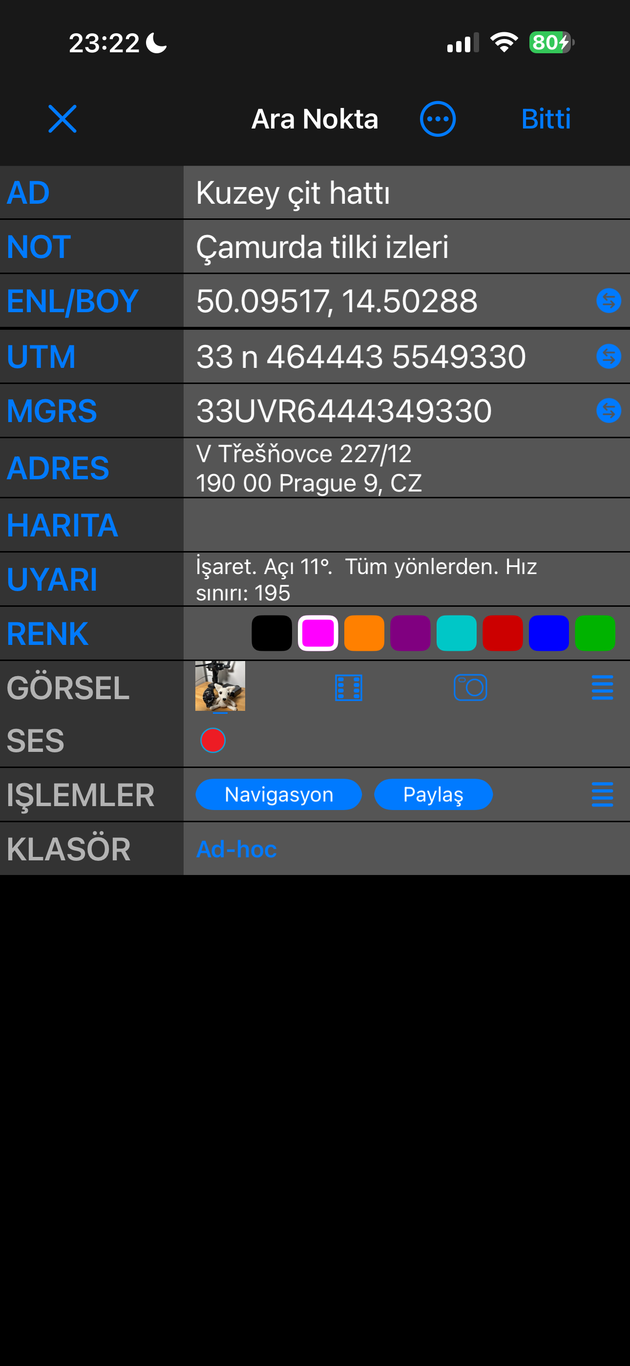 Ara Nokta düzenleyici Basit görünümde: AD, NOT, ENL/BOY, UTM, MGRS, ADRES, HARITA, RENK, GÖRSEL, SES, İŞLEMLER ve KLASÖR — her biri bir satır