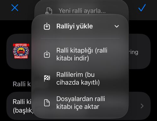Kütüphane, kayıtlı ralliler ve Dosyalar için yükleme menüsü