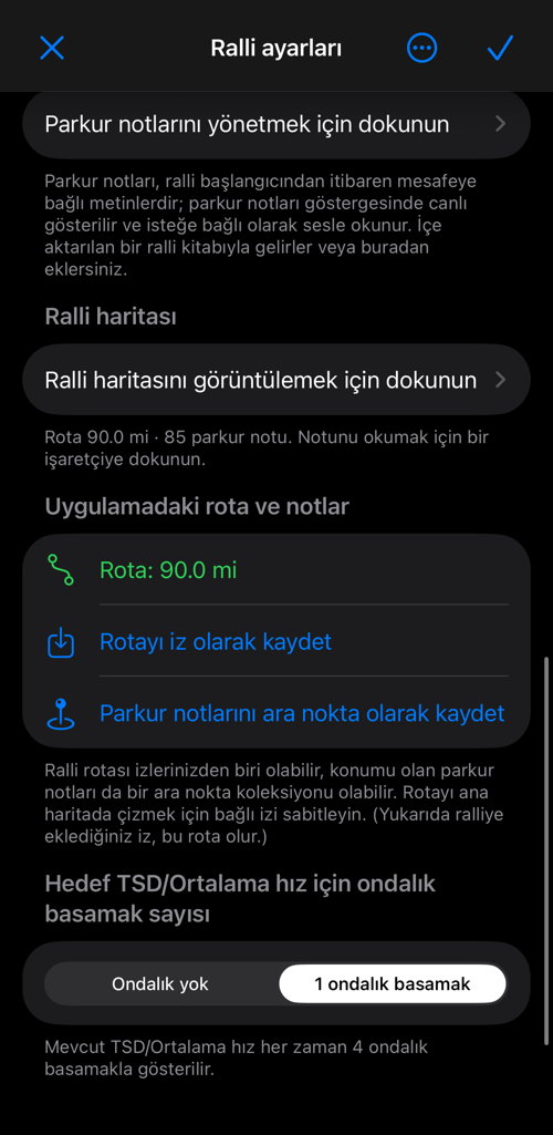 Rota uzunluğunu, bağlı izi ve ana haritada gösterme seçeneğini gösteren ralli ayarları