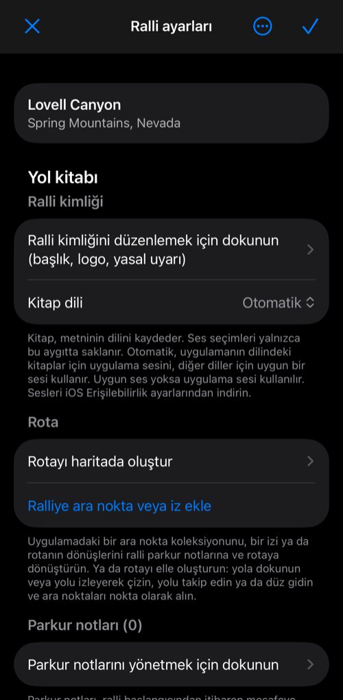 Ralli ayarları: ralli kimliği, kitap dili, Rota bölümü ve parkur notlarıyla Yol kitabı grubu