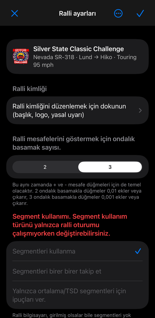 Ralli ayarları: ralli kimliği, ondalık basamaklar, segment kullanımı ve segmentler