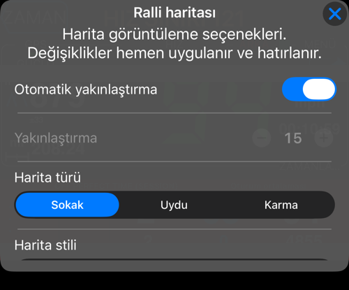 Ralli harita göstergesi seçenekleri: otomatik yakınlaştırma, yakınlaştırma, harita türü ve harita stili