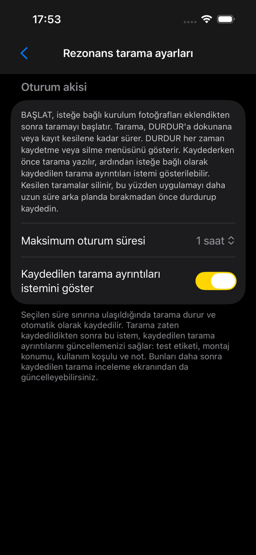 Rezonans Taraması ayarlar ekranı