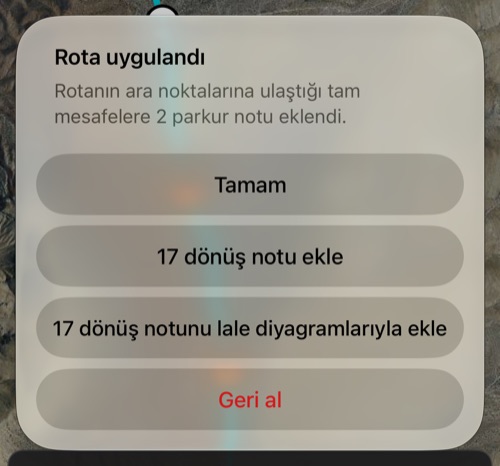 Uygula sonrası özet: tam mesafelerine eklenen iki parkur notu, lale diyagramlı veya diyagramsız 17 dönüş notu ekleme önerisi, Tamam ve Geri al