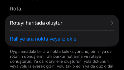Ralli ayarları: Rota bölümünde Rotayı haritada oluştur ve Ralliye ara nokta veya iz ekle ile Yol kitabı grubu