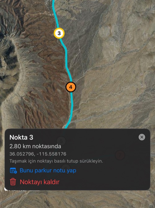 Mesafesi, koordinatı, Bunu parkur notu yap ve Noktayı kaldır ile bir noktanın kartı
