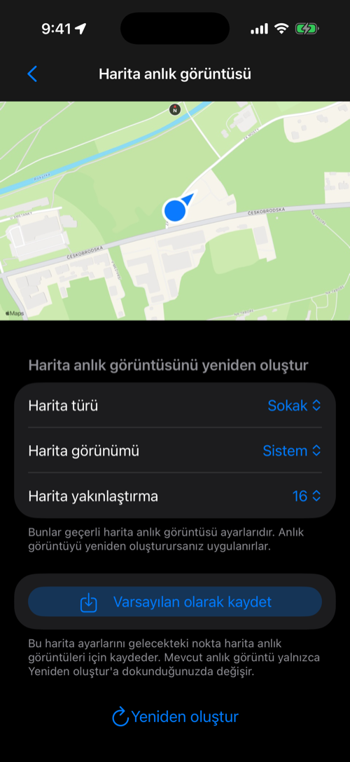 Bir ara noktanın harita anlık görüntüsü; Harita türü, Harita görünümü ve Harita yakınlaştırma ayarları ile Yeniden oluştur düğmesi