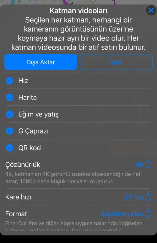 Bir parkur için katman videoları seçenekleri: “Hız”, “Harita”, “Eğim ve yatış”, “G Çaprazı” ve “QR kod” seçili; altında “Çözünürlük”, “Kare hızı” ve “Format”