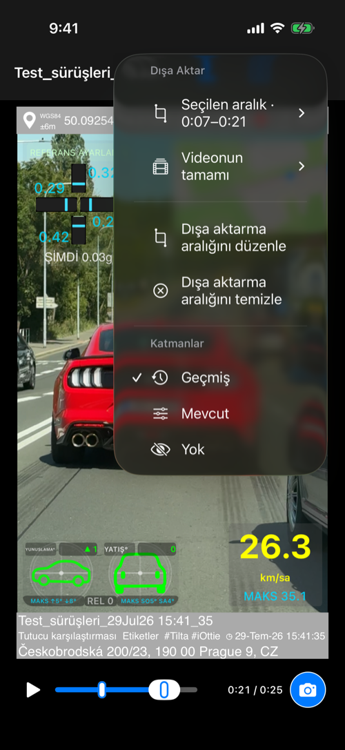 Seçili aralık, tam video ve A–B işaretlerini gösteren dışa aktarma menüsü