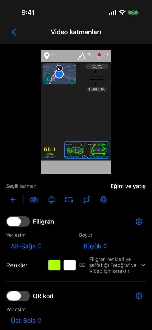 Sol üstte Harita, sağ üstte G Çaprazı, sol altta Hız ve sağ altta Eğim ve yatış bulunan katman düzenleyicisi