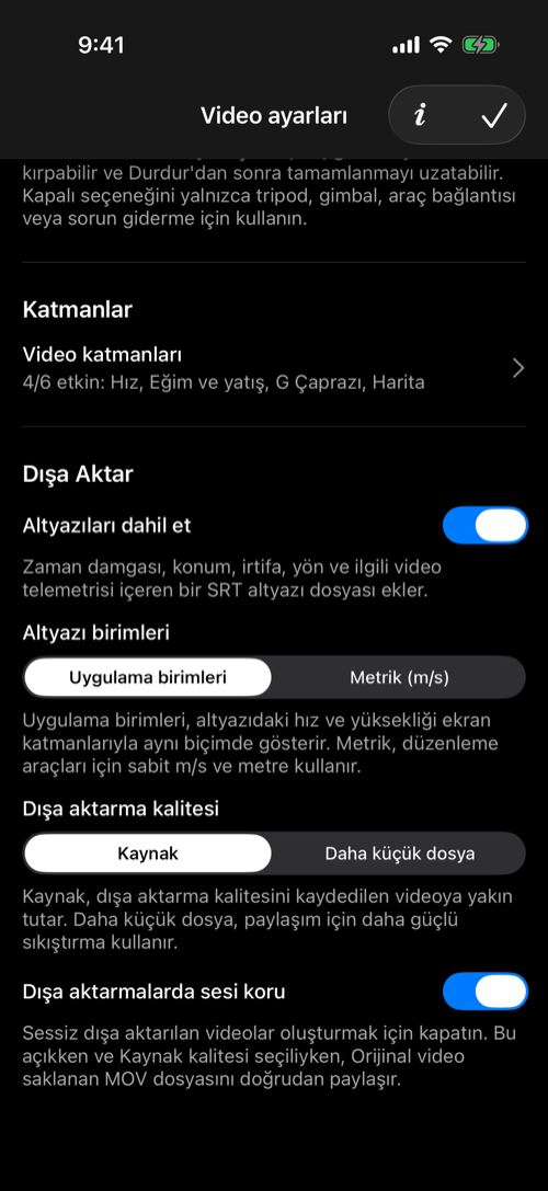 Video katmanları ve altyazı, kalite ve ses dışa aktarma ayarları