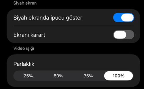 Vizör denetimleri ayarları: «Siyah ekran» ve «Video ışığı» bölümleri