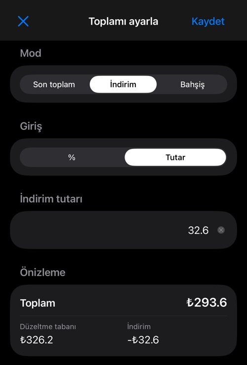 Tutar olarak girilen indirim ve dönüştürülmüş değer