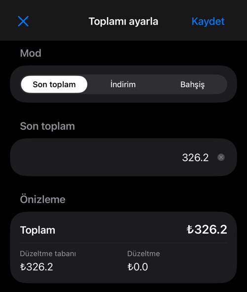Son toplam modunda Toplamı düzenle: mod seçici, tutar alanı ve önizleme