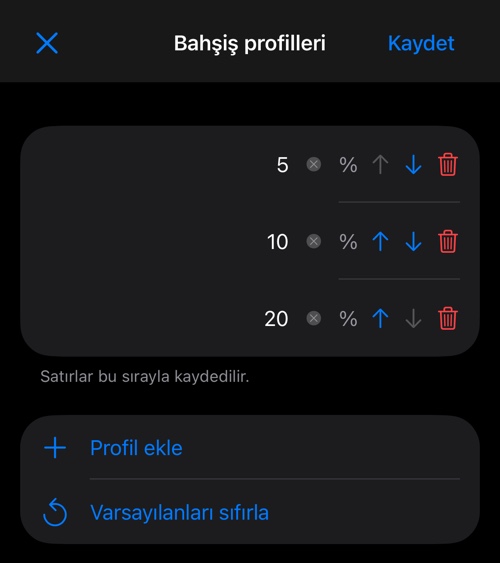 Üç satır, Profil ekle ve Varsayılanları sıfırla içeren hazır yüzde düzenleyicisi