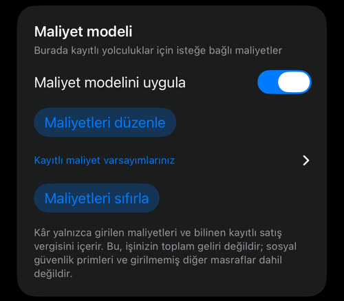 Maliyetleri kaydedilmiş Maliyet modeli kartı: Maliyet modelini uygula açık, Maliyetleri düzenle, Kayıtlı maliyet varsayımlarınız ve Maliyetleri sıfırla