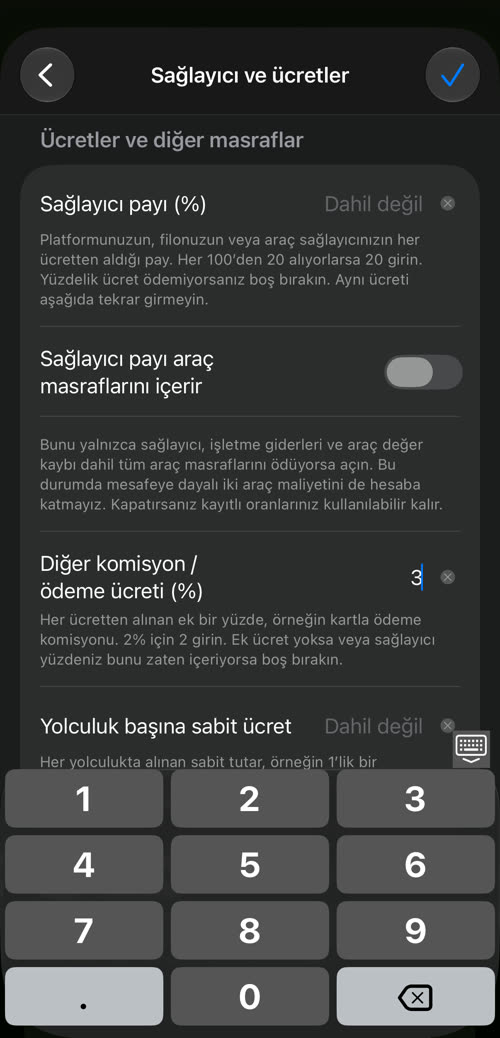 Sağlayıcı ve ücretler: sağlayıcı payı, Sağlayıcı payı araç masraflarını içerir, 3 girilmiş diğer komisyon / ödeme ücreti, yolculuk başına sabit ücret