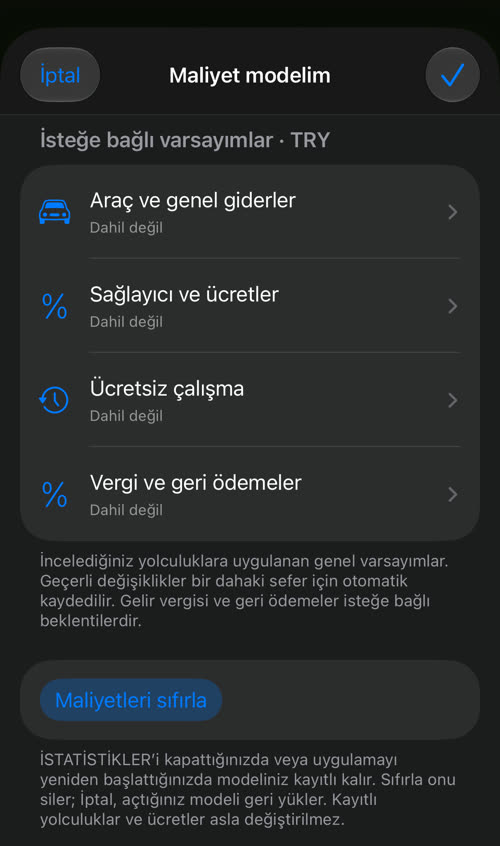 Maliyet modelim: Araç ve genel giderler, Sağlayıcı ve ücretler, Ücretsiz çalışma ve Vergi ve geri ödemeler, hepsi Dahil değil