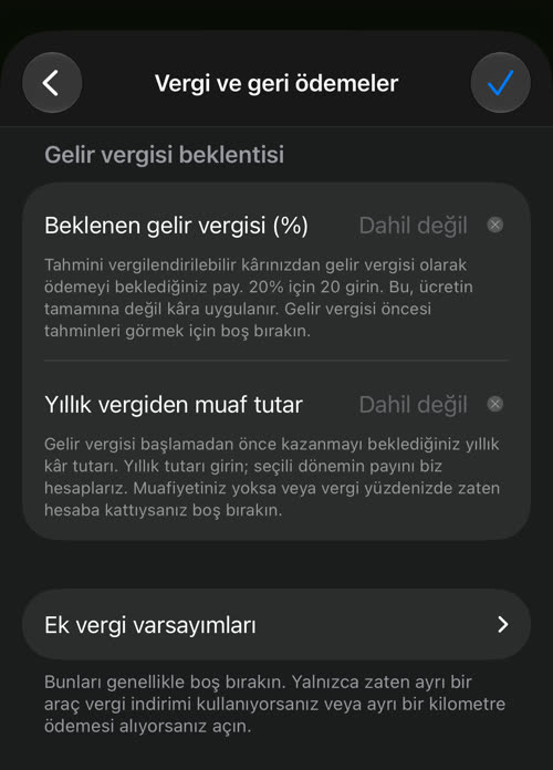 Vergi ve geri ödemeler: beklenen gelir vergisi, yıllık vergiden muaf tutar ve Ek vergi varsayımları düğmesi