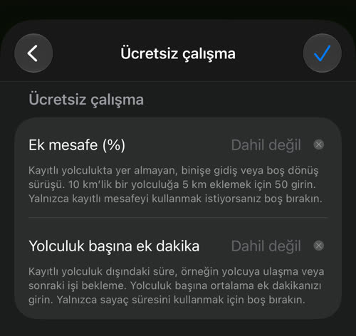 Ücretsiz çalışma: yüzde olarak ek mesafe ve yolculuk başına ek dakika