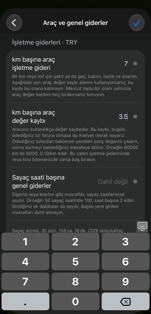 Uygulamanın tuş takımıyla araç işletme giderine 7, araç değer kaybına 3.5 yazılıyor