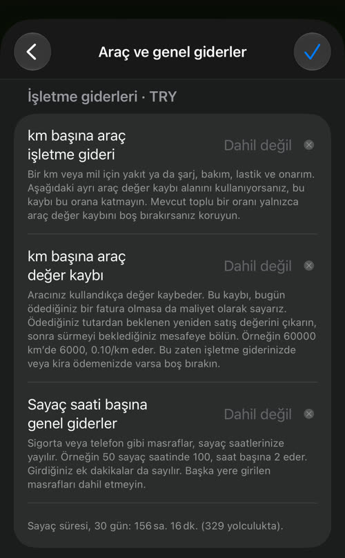 Araç ve genel giderler: km başına araç işletme gideri, km başına araç değer kaybı ve sayaç saati başına genel giderler; altta seçili dönemin sayaç süresi, 30 gün: 156 sa. 16 dk. (329 yolculukta)