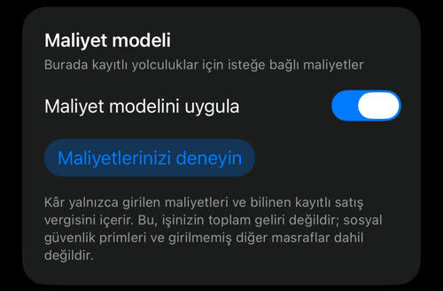 Maliyet modeli kartı: Maliyet modelini uygula anahtarı ve Maliyetlerinizi deneyin düğmesi