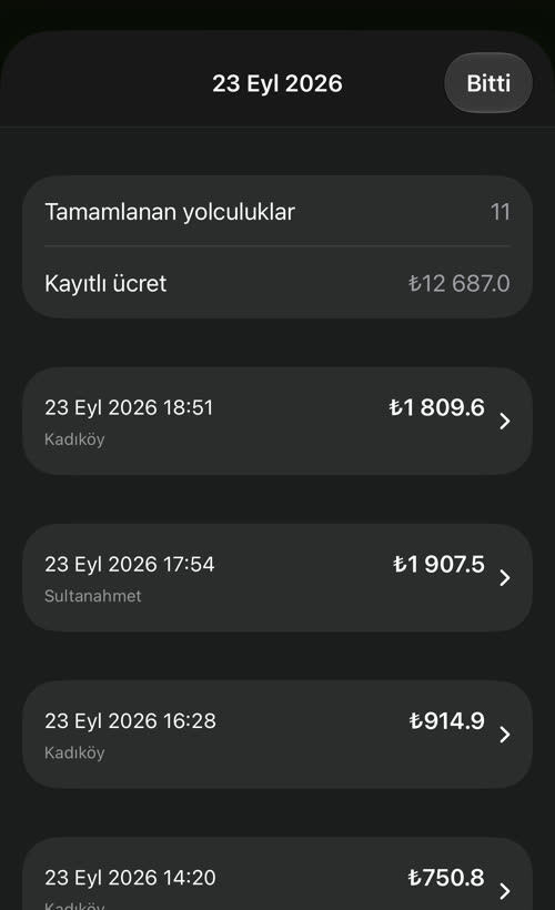 23 Eylül 2026 yolculukları: 11 tamamlanan yolculuk, ₺12 687.0 kayıtlı ücret; her biri saati, tutarı ve Kadıköy ya da Sultanahmet gibi biniş alanıyla