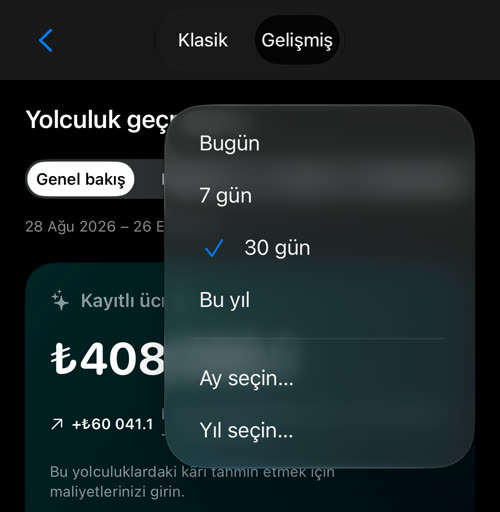 Dönem menüsü: Bugün, 7 gün, 30 gün, Bu yıl, Ay seçin ve Yıl seçin