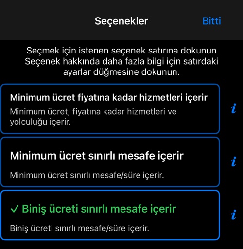 Biniş ücretinin veya minimum ücretin neyi kapsadığına dair üç seçenek; bu seçili