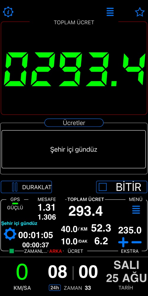Bu moddaki pano, taksimetre çalışırken