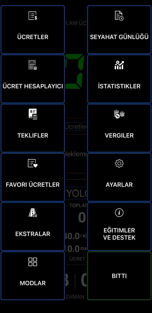 Taksimetre 55 menüsü: ücretler, ücret hesaplayıcı, teklifler, favori ücretler, ekstralar, modlar, seyahat günlüğü, istatistikler, vergiler, ayarlar ve destek