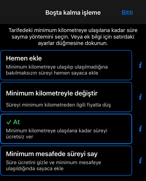 Dahil edilen kilometreye ulaşılmadan önce süre ücreti için dört seçenek