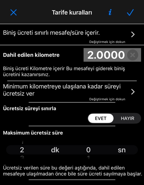 Tarife kuralları ekranı: ücretin kapsadığı, dahil edilen kilometre ve süre kuralları