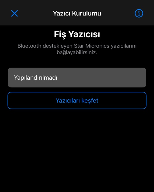 iOS yazıcı kurulum ekranı: yazıcı durumu, desteklenen modeller ve yazıcı arama düğmesi