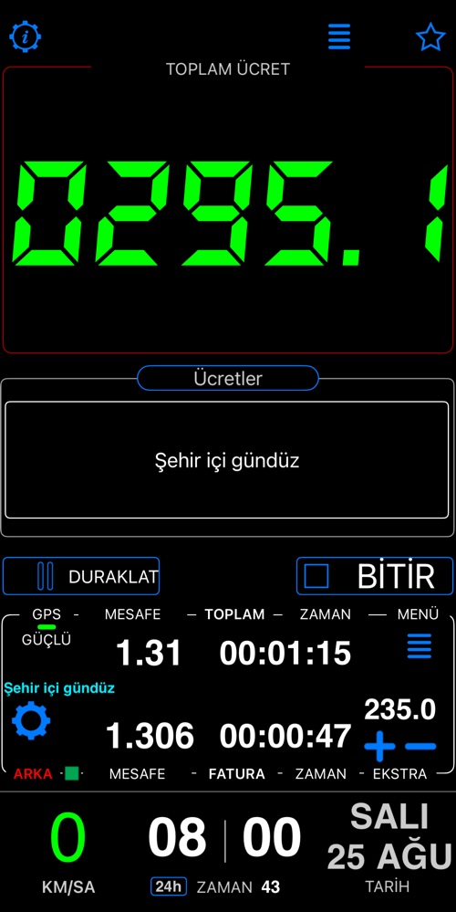 Bu moddaki pano, taksimetre çalışırken