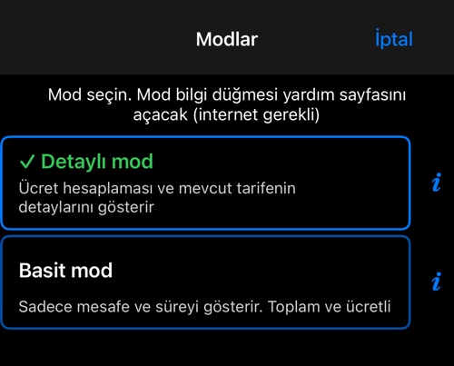 Mod seçici; bu seçili