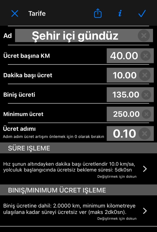 Ad, ücretler, biniş, minimum, ücret adımı ve iki kural satırıyla ücret düzenleyici