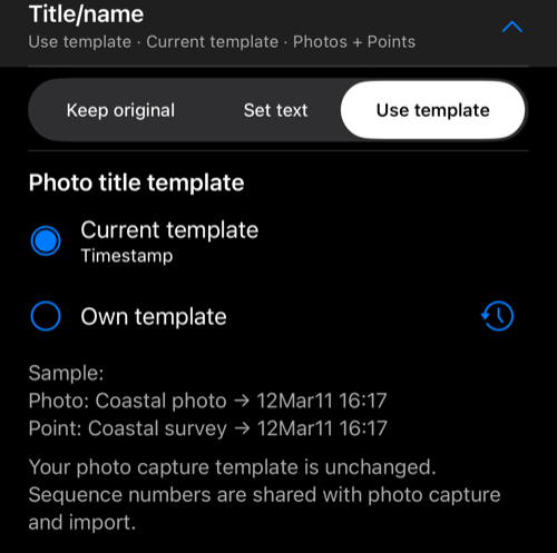 Title/name mở rộng với Use template, mẫu hiện tại, mẫu riêng và tiêu đề ví dụ