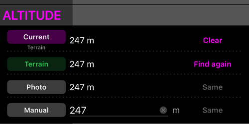 Mục Altitude đã mở: Current kèm Clear, Terrain kèm Find again, Photo, và ô nhập Manual