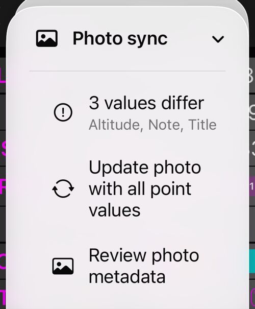 Menu Photo sync: dòng trạng thái ghi 3 values differ, Update photo with all point values, và Review photo metadata