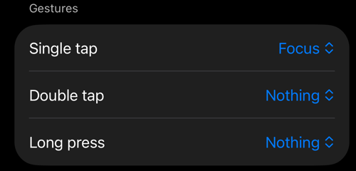 Cài đặt Viewfinder controls: mục Gestures với Single tap, Double tap và Long press