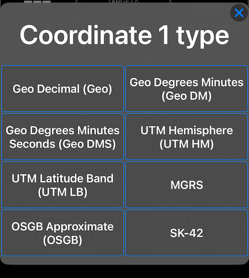 Bộ chọn loại tọa độ hiển thị tất cả 8 định dạng