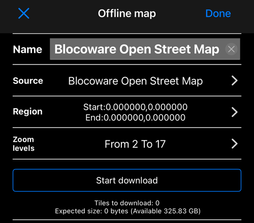 Màn hình Offline map: tên bản đồ, Blocoware Open Street Map là nguồn, vùng, mức thu phóng từ 2 đến 17, Start download, và số tile cùng dung lượng dự kiến