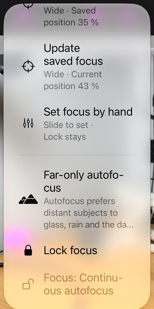 Các tùy chọn lấy nét mở từ nút AF: «Lock at saved focus», «Update saved focus», «Set focus by hand», «Far-only autofocus», «Lock focus» và dòng trạng thái